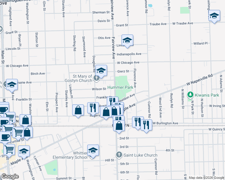 map of restaurants, bars, coffee shops, grocery stores, and more near 4831 Fairview Avenue in Downers Grove