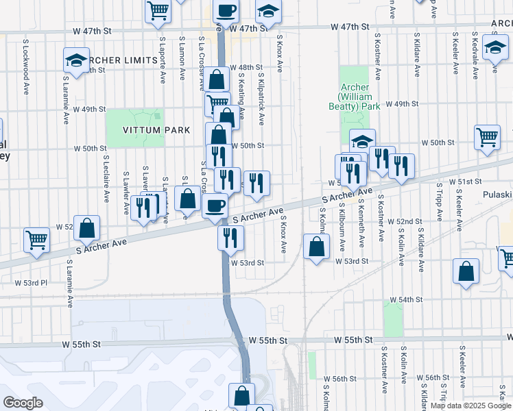 map of restaurants, bars, coffee shops, grocery stores, and more near 5331 South Archer Avenue in Chicago