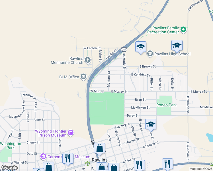 map of restaurants, bars, coffee shops, grocery stores, and more near 1200-1298 Montana St in Rawlins