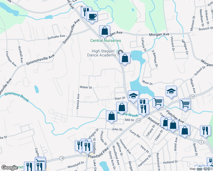 map of restaurants, bars, coffee shops, grocery stores, and more near 17 Starr Street in Johnston
