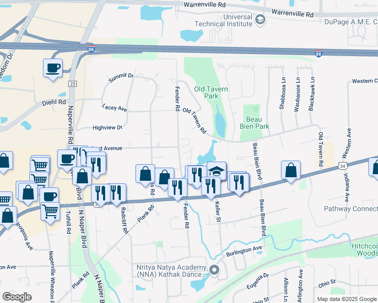 map of restaurants, bars, coffee shops, grocery stores, and more near 4753 Keel Court in Lisle