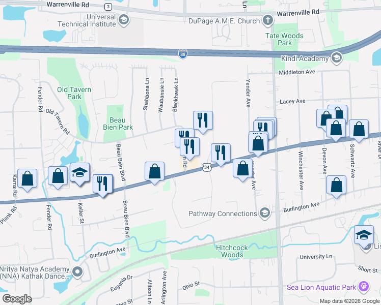 map of restaurants, bars, coffee shops, grocery stores, and more near 4659 Old Tavern Road in Lisle