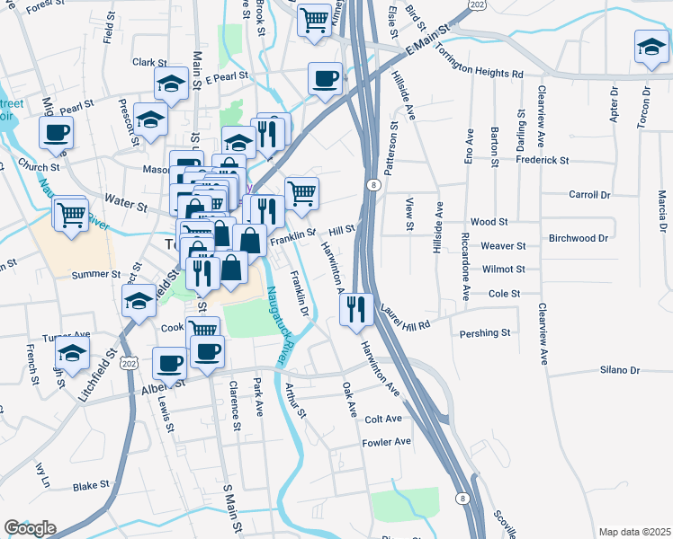 map of restaurants, bars, coffee shops, grocery stores, and more near 99 Harwinton Avenue in Torrington