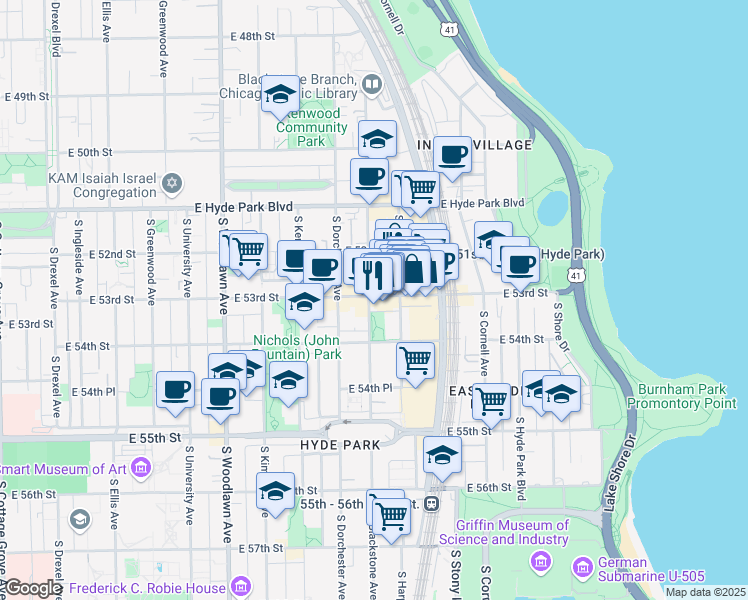 map of restaurants, bars, coffee shops, grocery stores, and more near 5316 South Harper Avenue in Chicago