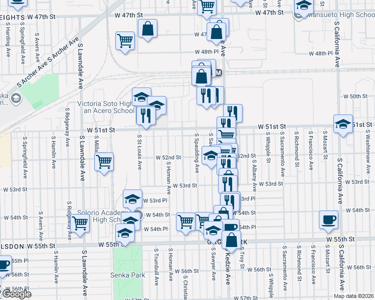 map of restaurants, bars, coffee shops, grocery stores, and more near 5158 South Spaulding Avenue in Chicago