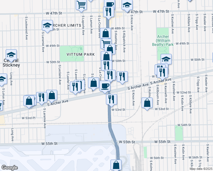 map of restaurants, bars, coffee shops, grocery stores, and more near 5420 South Archer Avenue in Chicago