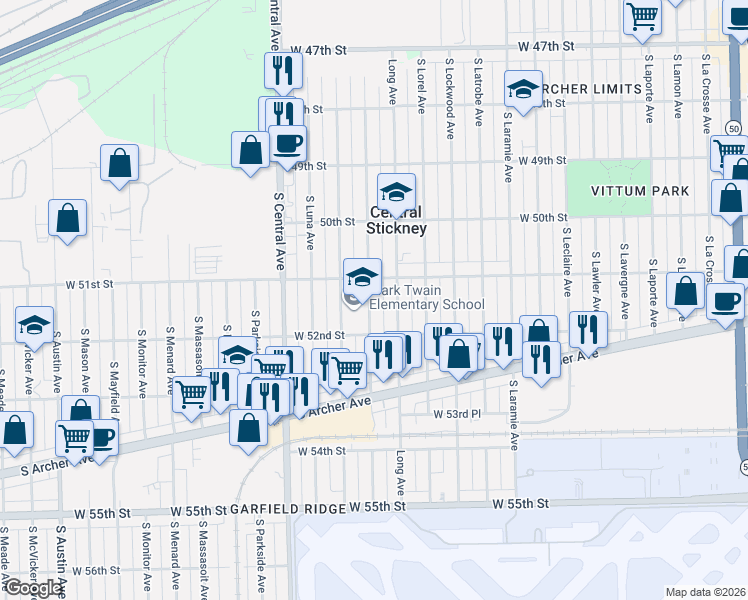 map of restaurants, bars, coffee shops, grocery stores, and more near 5101 South Lotus Avenue in Chicago