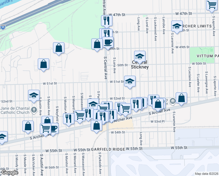 map of restaurants, bars, coffee shops, grocery stores, and more near 5133 South Central Avenue in Chicago
