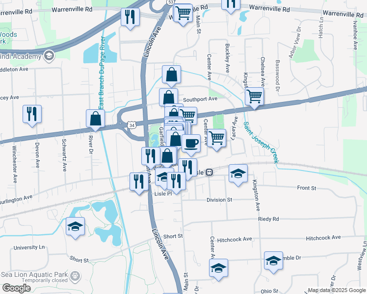 map of restaurants, bars, coffee shops, grocery stores, and more near 4755 Main Street in Lisle