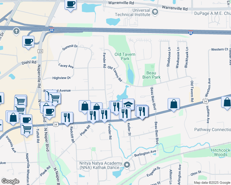 map of restaurants, bars, coffee shops, grocery stores, and more near 4753 Keel Court in Lisle