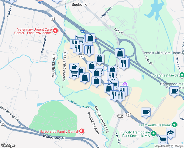 map of restaurants, bars, coffee shops, grocery stores, and more near 191 Highland Avenue in Seekonk