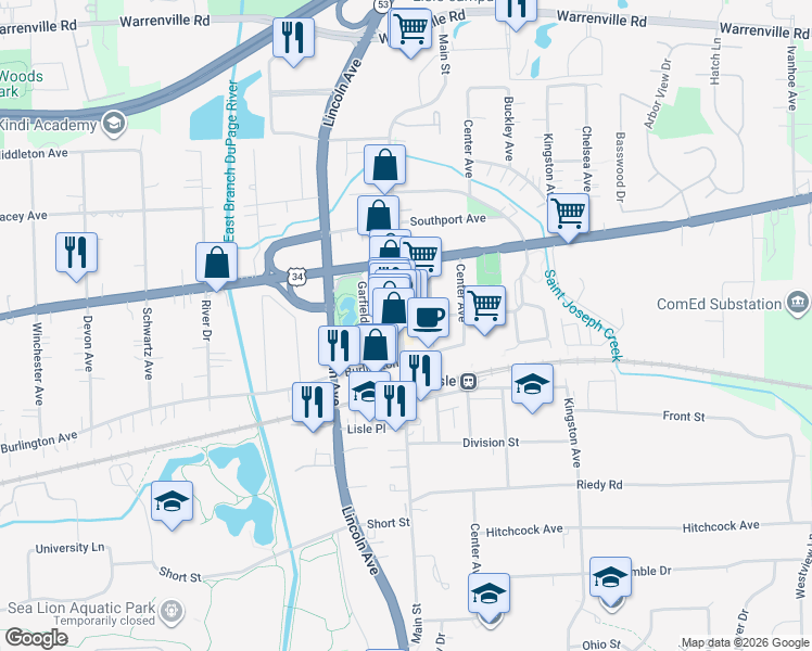map of restaurants, bars, coffee shops, grocery stores, and more near 4755 Main Street in Lisle
