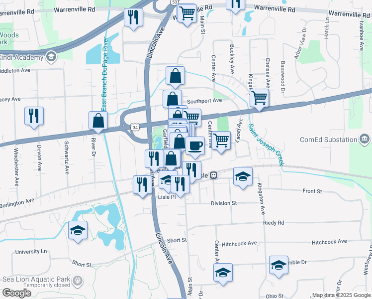 map of restaurants, bars, coffee shops, grocery stores, and more near 4755 Main Street in Lisle