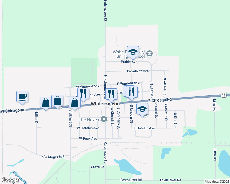 map of restaurants, bars, coffee shops, grocery stores, and more near 104 North Kalamazoo Street in White Pigeon