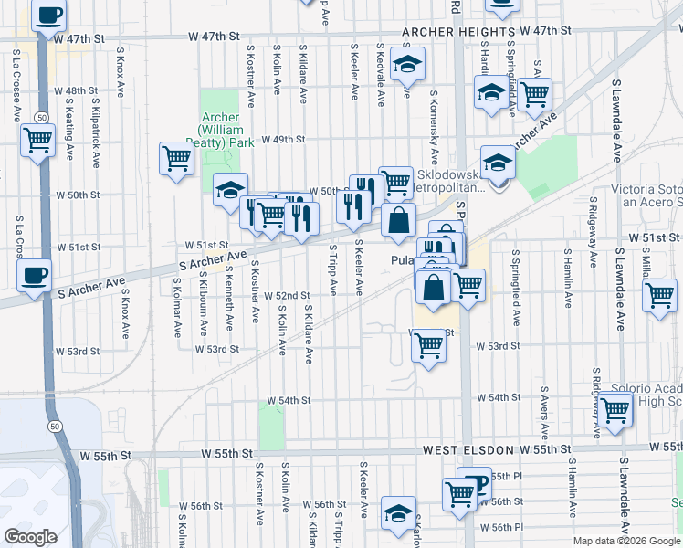 map of restaurants, bars, coffee shops, grocery stores, and more near 5153 South Tripp Avenue in Chicago