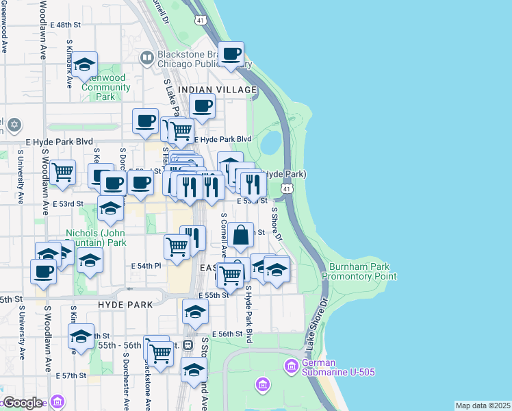 map of restaurants, bars, coffee shops, grocery stores, and more near 5307 South Hyde Park Boulevard in Chicago