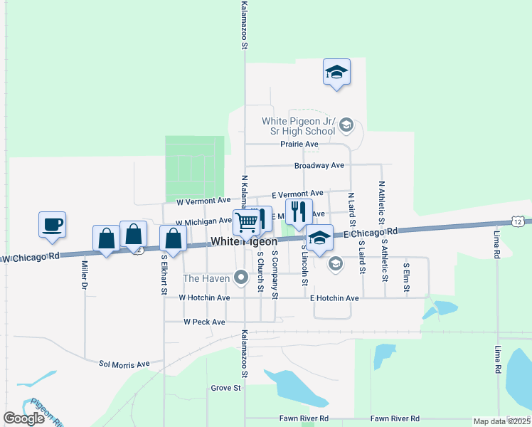 map of restaurants, bars, coffee shops, grocery stores, and more near 104 North Kalamazoo Street in White Pigeon