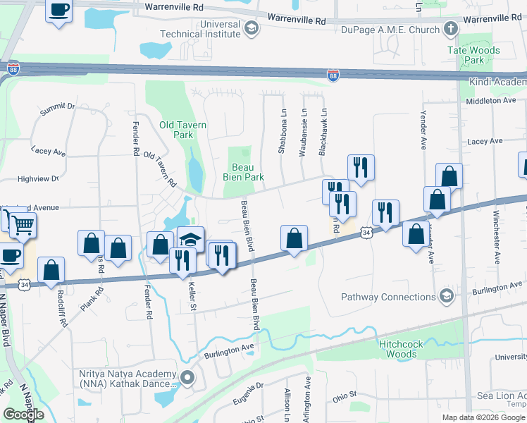 map of restaurants, bars, coffee shops, grocery stores, and more near 2521 Old Tavern Road in Lisle