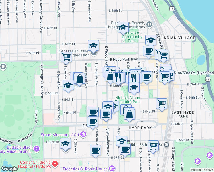 map of restaurants, bars, coffee shops, grocery stores, and more near S Woodlawn Ave & E 53rd St in Chicago