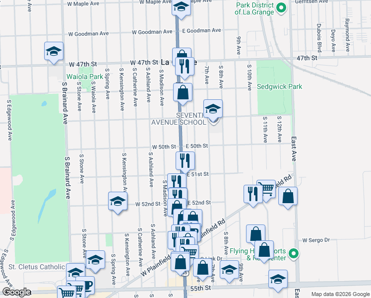 map of restaurants, bars, coffee shops, grocery stores, and more near 815 South La Grange Road in La Grange