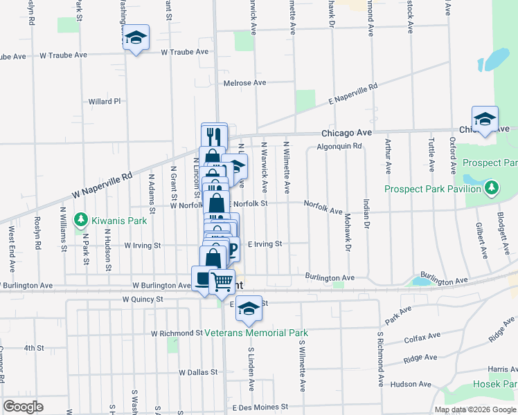 map of restaurants, bars, coffee shops, grocery stores, and more near 127 North Linden Avenue in Westmont