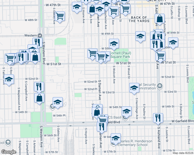map of restaurants, bars, coffee shops, grocery stores, and more near 5174 South Damen Avenue in Chicago