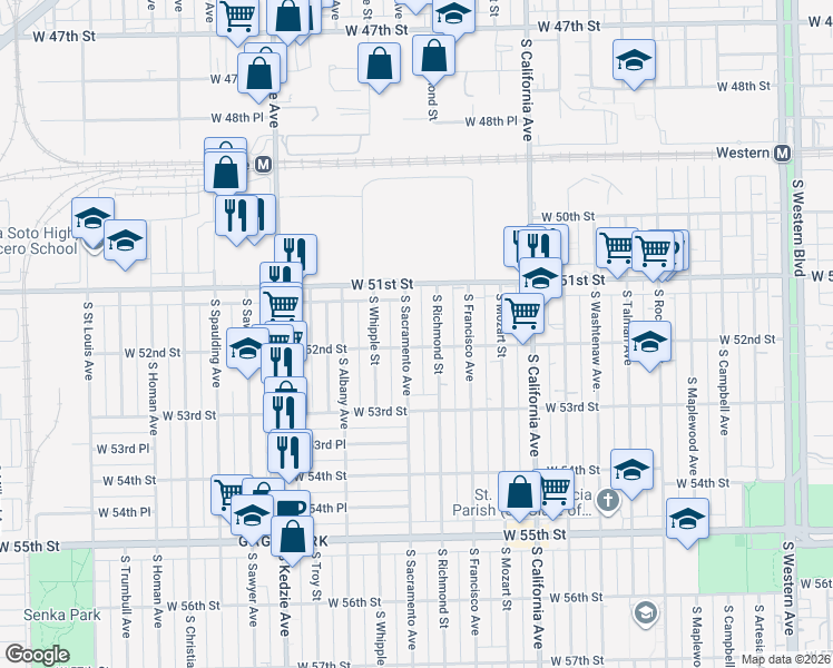map of restaurants, bars, coffee shops, grocery stores, and more near 5200 South Sacramento Avenue in Chicago