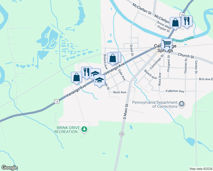map of restaurants, bars, coffee shops, grocery stores, and more near 130 Steele Street in Cambridge Springs