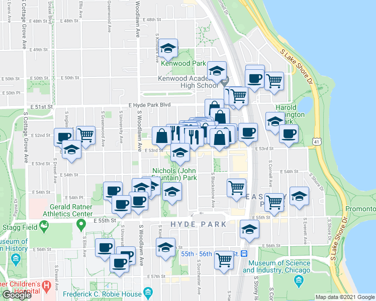 map of restaurants, bars, coffee shops, grocery stores, and more near S Kenwood Ave & E 53rd St in Chicago