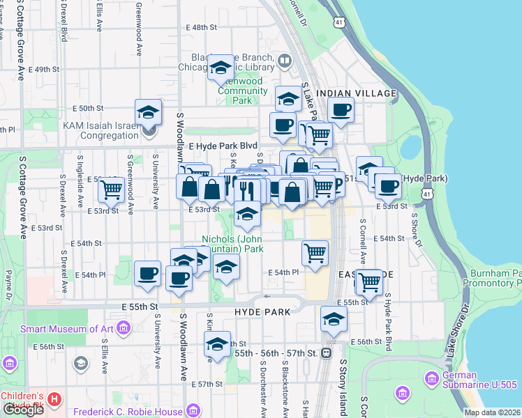 map of restaurants, bars, coffee shops, grocery stores, and more near S Dorchester Ave & E 53rd St in Chicago