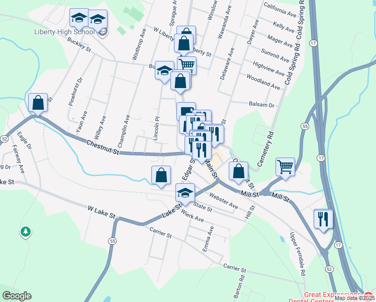 map of restaurants, bars, coffee shops, grocery stores, and more near 12 Edgar Street in Liberty