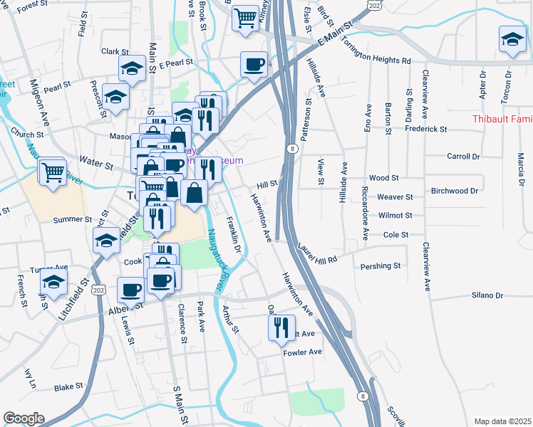 map of restaurants, bars, coffee shops, grocery stores, and more near 99 Harwinton Avenue in Torrington