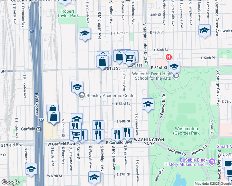 map of restaurants, bars, coffee shops, grocery stores, and more near 5235 South Indiana Avenue in Chicago