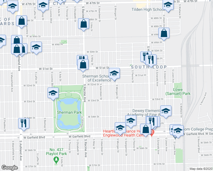 map of restaurants, bars, coffee shops, grocery stores, and more near 5217 South Carpenter Street in Chicago
