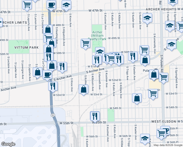 map of restaurants, bars, coffee shops, grocery stores, and more near 5151 South Kolmar Avenue in Chicago