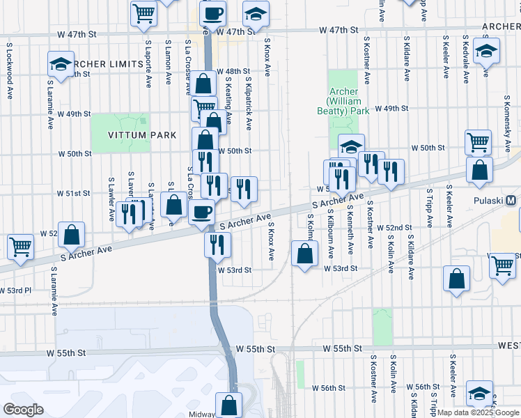 map of restaurants, bars, coffee shops, grocery stores, and more near 5301 South Archer Avenue in Chicago
