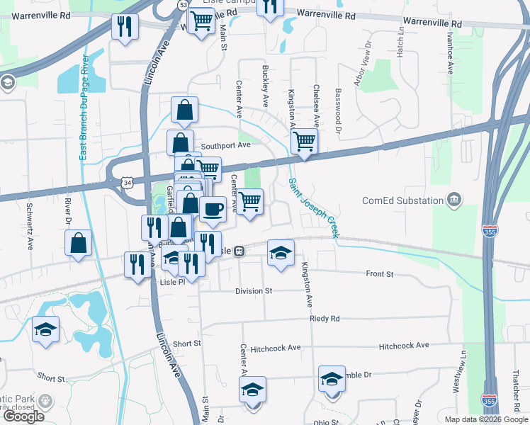 map of restaurants, bars, coffee shops, grocery stores, and more near 925 Burlington Avenue in Lisle
