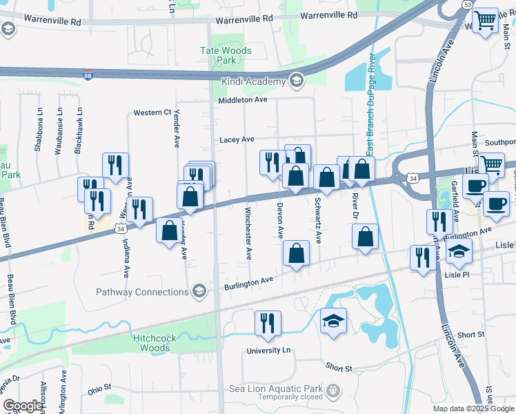 map of restaurants, bars, coffee shops, grocery stores, and more near 4707 Winchester Avenue in Lisle