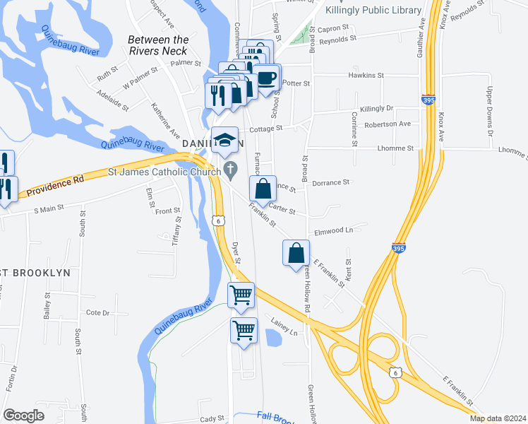 map of restaurants, bars, coffee shops, grocery stores, and more near 8 Dyer Street in Killingly