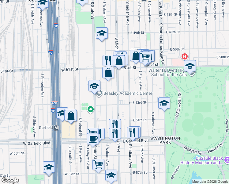 map of restaurants, bars, coffee shops, grocery stores, and more near 5216 South Michigan Avenue in Chicago