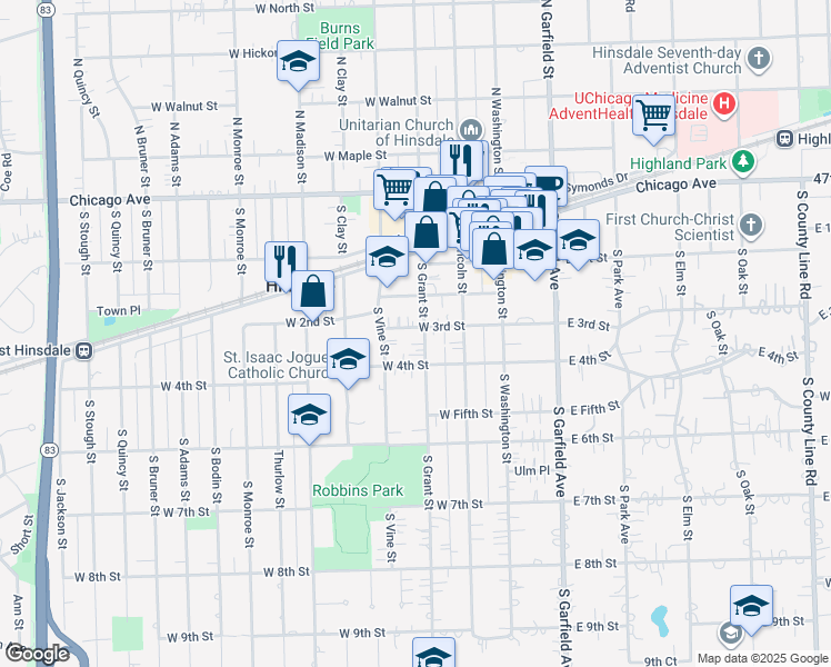 map of restaurants, bars, coffee shops, grocery stores, and more near 302 South Grant Street in Hinsdale