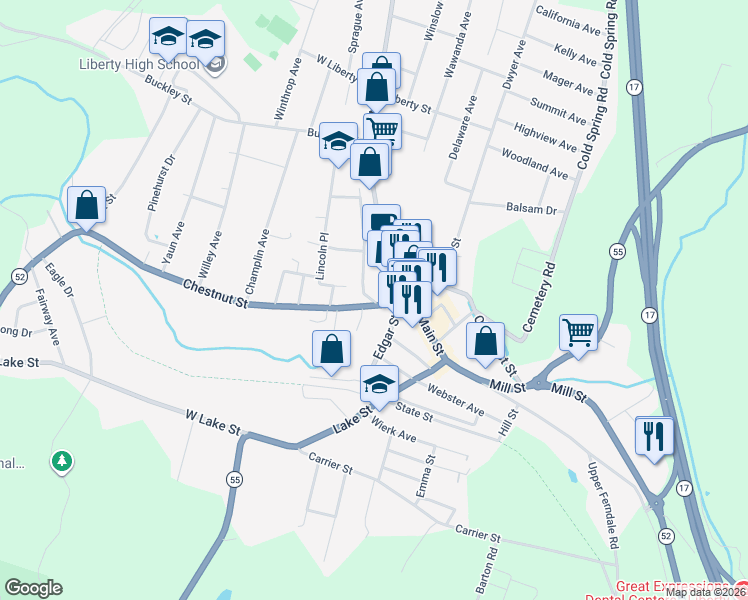 map of restaurants, bars, coffee shops, grocery stores, and more near 9 Academy Street in Liberty