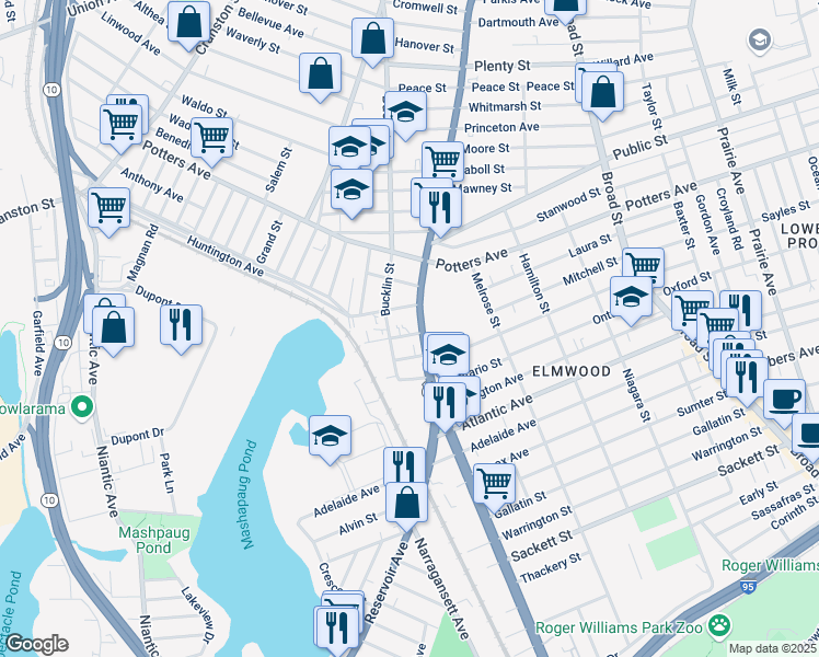 map of restaurants, bars, coffee shops, grocery stores, and more near 14 Redwing Street in Providence