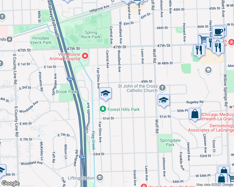 map of restaurants, bars, coffee shops, grocery stores, and more near 4939 Woodland Avenue in Western Springs