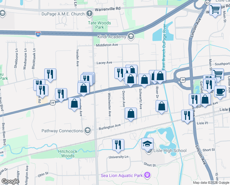 map of restaurants, bars, coffee shops, grocery stores, and more near 4708 Devon Avenue in Lisle