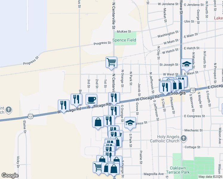 map of restaurants, bars, coffee shops, grocery stores, and more near 118 North Centerville Street in Sturgis