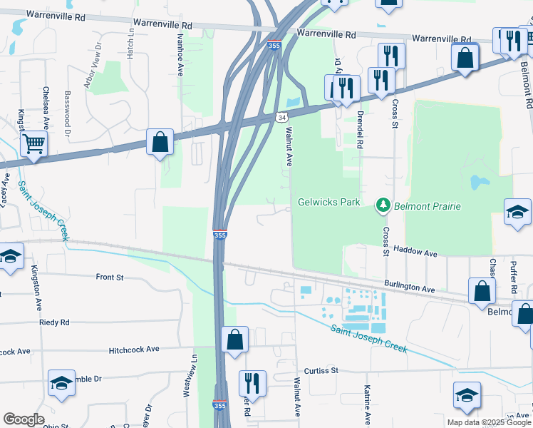 map of restaurants, bars, coffee shops, grocery stores, and more near 425 Walnut Creek Road in Lisle