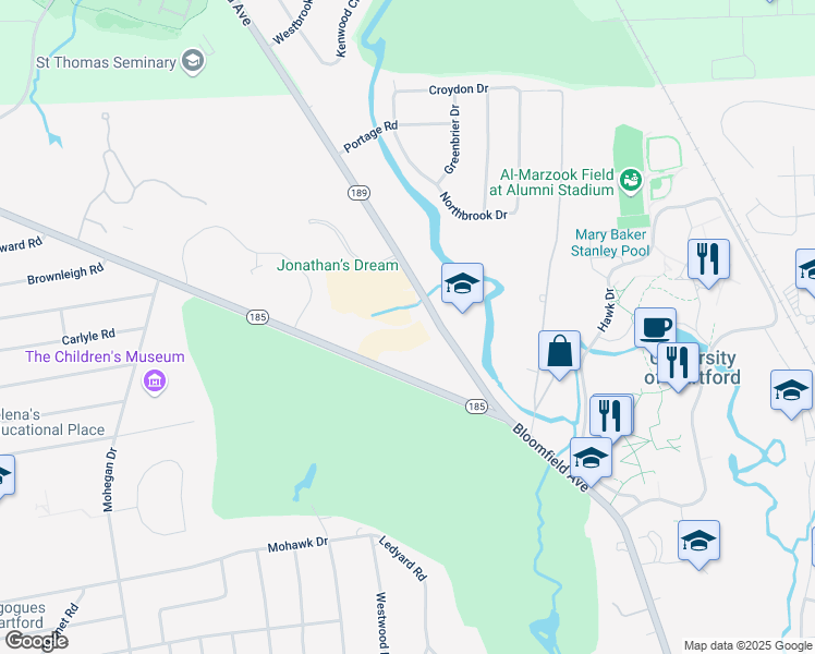 map of restaurants, bars, coffee shops, grocery stores, and more near 333 Bloomfield Avenue in West Hartford