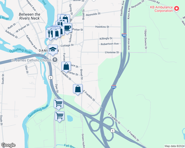 map of restaurants, bars, coffee shops, grocery stores, and more near 44 Westfield Village in Killingly