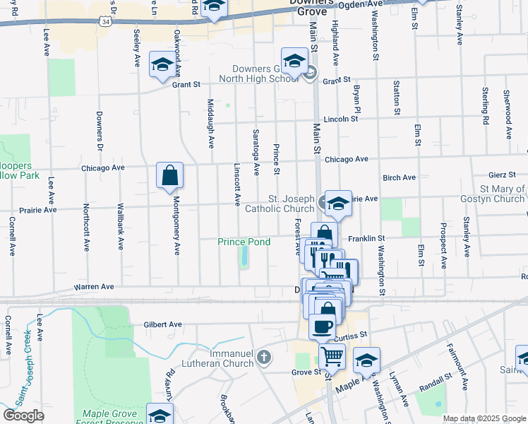 map of restaurants, bars, coffee shops, grocery stores, and more near 4825 Saratoga Avenue in Downers Grove